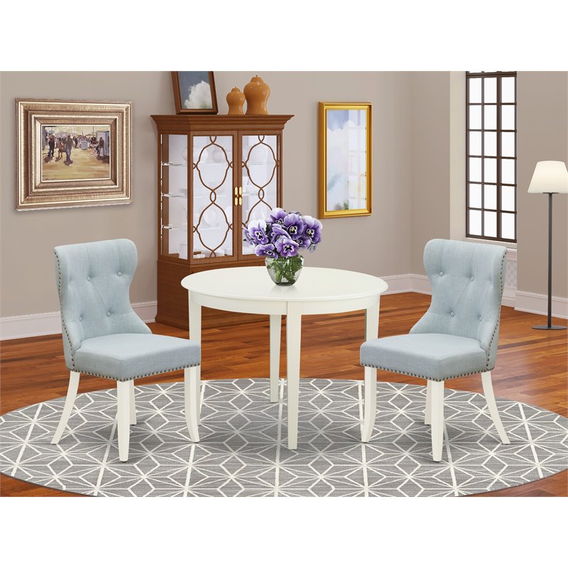 Pemberly Row 3-Piece Dining Table Set in Linen White with Baby Blue Accents