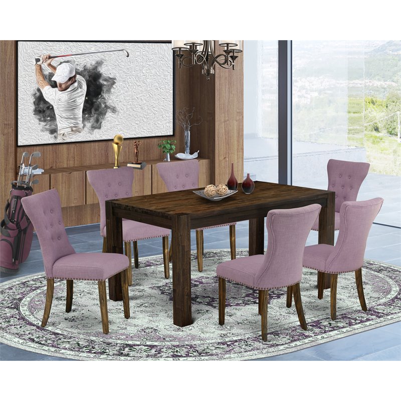 Pemberly Row 7-Piece Wood Dining Set in Jacobean Brown and Dahlia Fabric