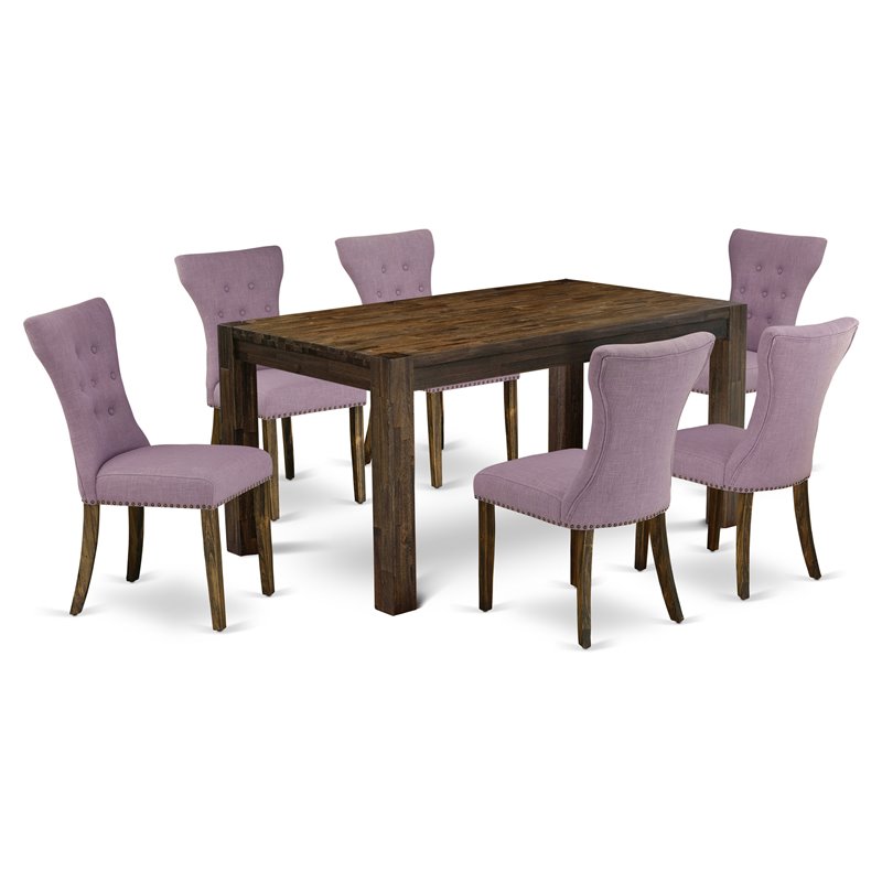 Pemberly Row 7-Piece Wood Dining Set in Jacobean Brown and Dahlia Fabric