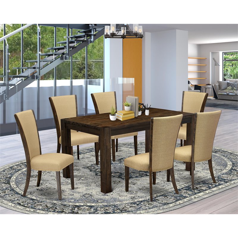 Pemberly Row 7-Piece Dining Set in Distressed Jacobean and Brown Fabric