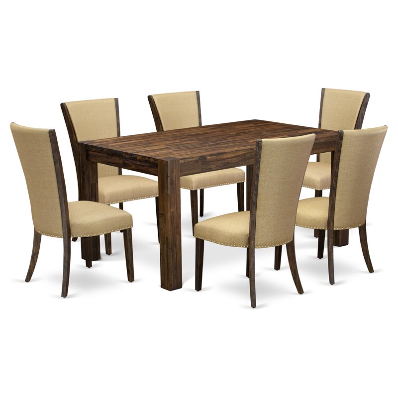 Pemberly Row 7-Piece Dining Set in Distressed Jacobean and Brown Fabric