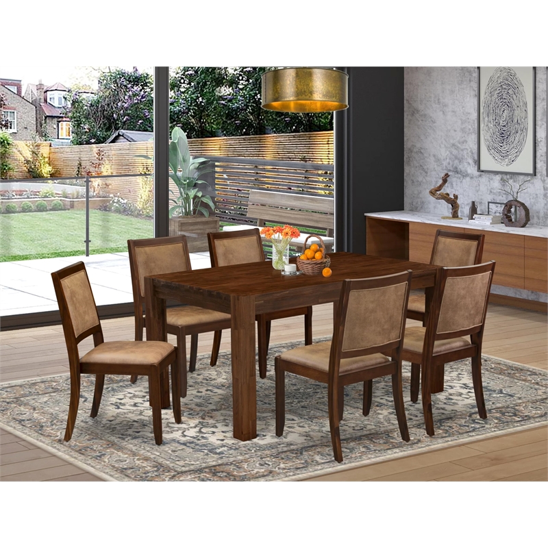 Pemberly Row 7-Piece Dining Table Set in Walnut Finish with Faux Leather