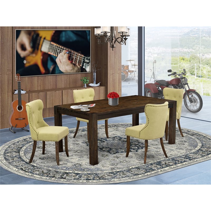 Pemberly Row 5-Piece Wood Dining Set in Jacobean Brown with Linen Chairs