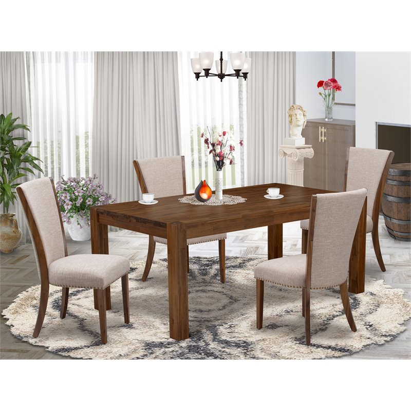 Pemberly Row 5-Piece Wood Dining Set in Antique Walnut with Linen Chairs