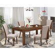 Pemberly Row 5-Piece Wood Dining Set in Antique Walnut with Linen Chairs