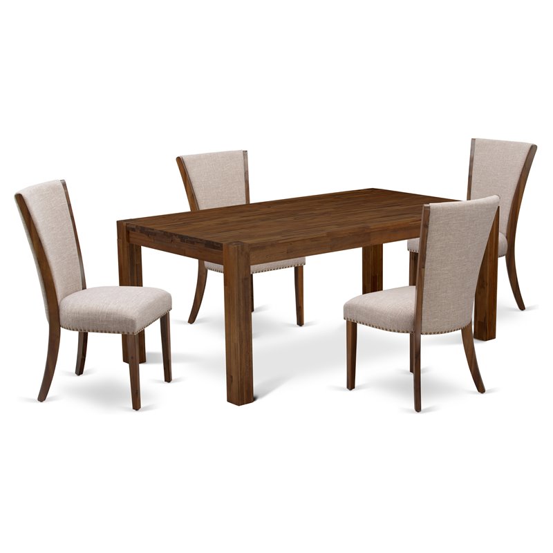 Pemberly Row 5-Piece Wood Dining Set in Antique Walnut with Linen Chairs