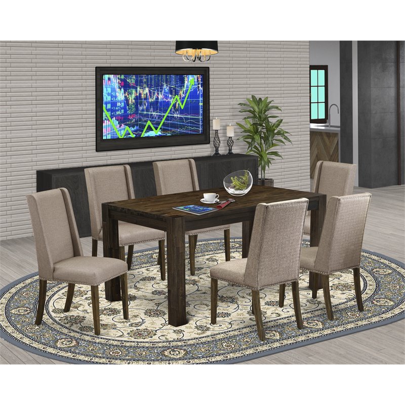 Pemberly Row 7-Piece Wood Dining Set with Upholstered Chairs in Brown/Khaki