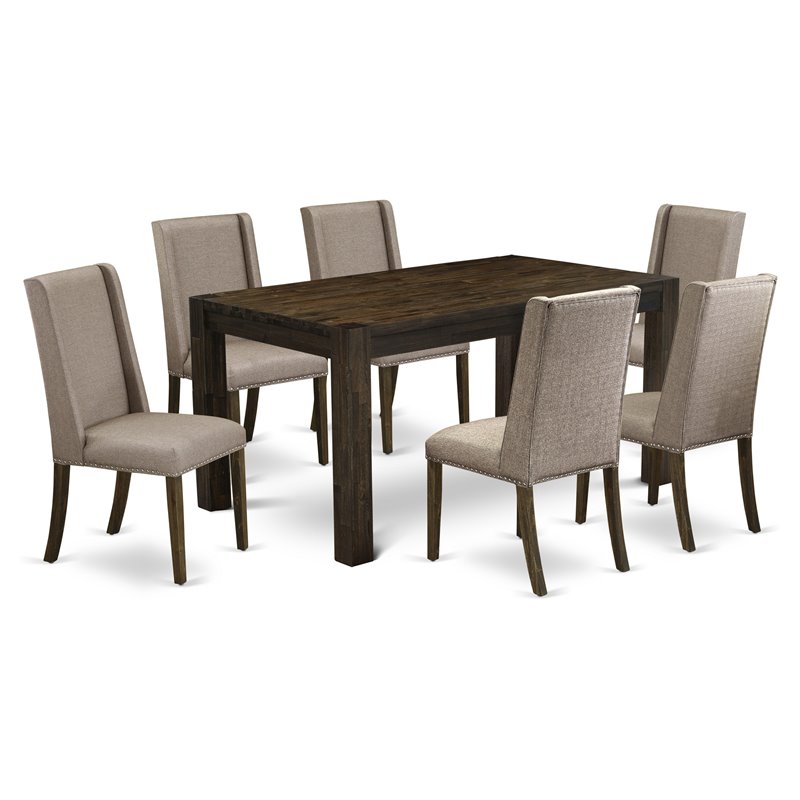 Pemberly Row 7-Piece Wood Dining Set with Upholstered Chairs in Brown/Khaki