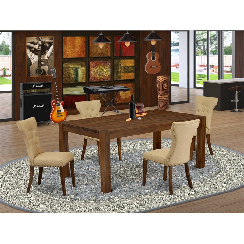 Pemberly Row 5-Piece Wood Dining Set in Walnut with Linen Fabric Seats
