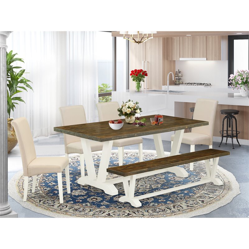 Pemberly Row 6-Piece Dining Set with Bench in Cream Linen White Finish