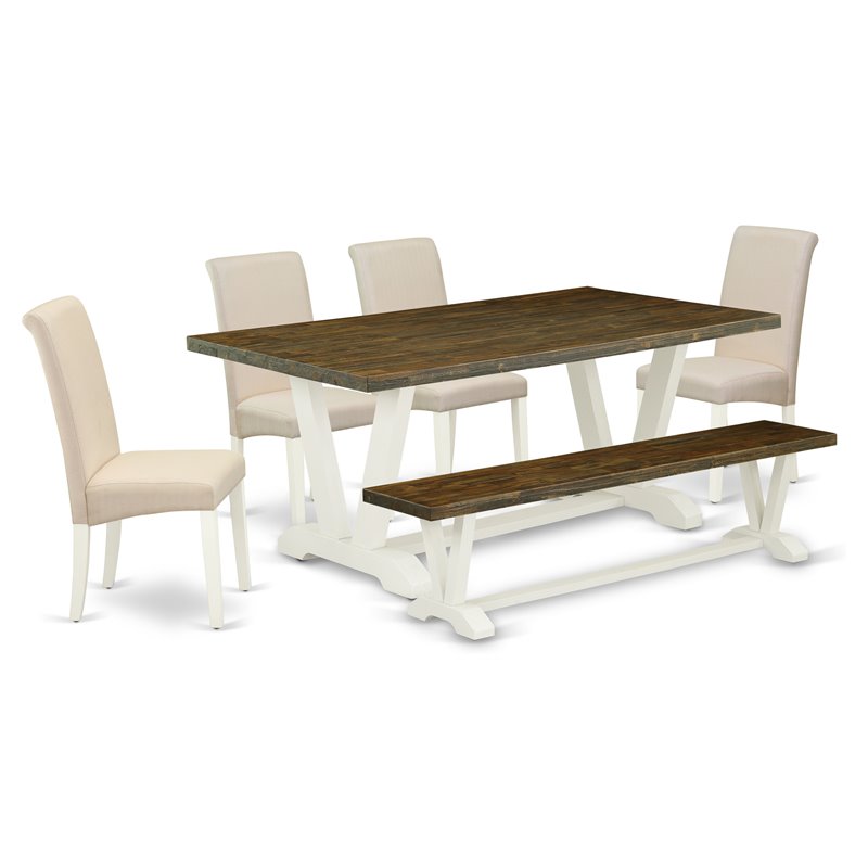Pemberly Row 6-Piece Dining Set with Bench in Cream Linen White Finish