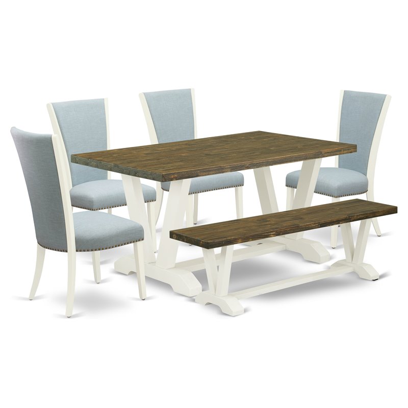 Pemberly Row 6-Piece Dining Set with Bench and Baby Blue Chairs