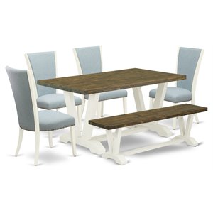 Pemberly Row 6-Piece Dining Set with Bench and Baby Blue Chairs