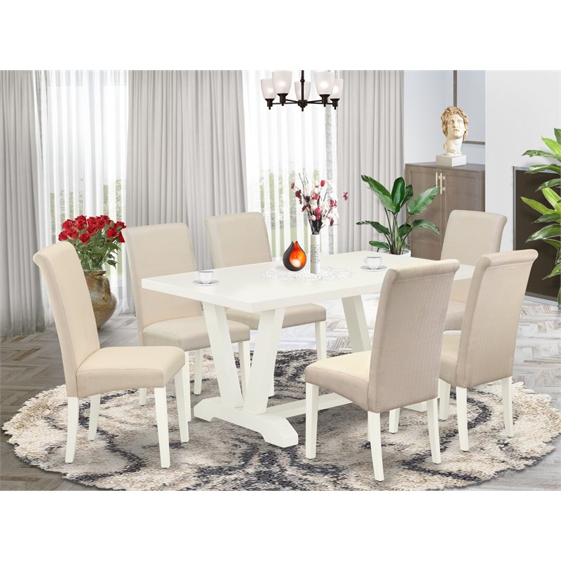 Pemberly Row 7-Piece Dining Set with Cream Table and Upholstered Chairs