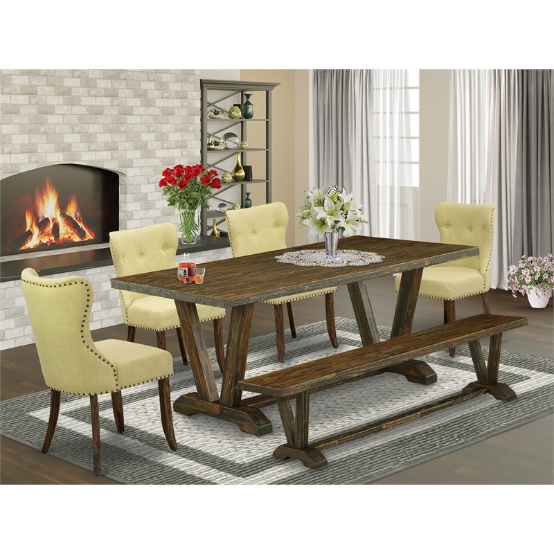 Pemberly Row 6-Piece Dining Set with Wood Table and Bench in Limelight