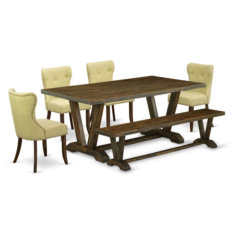 Pemberly Row 6-Piece Dining Set with Wood Table and Bench in Limelight