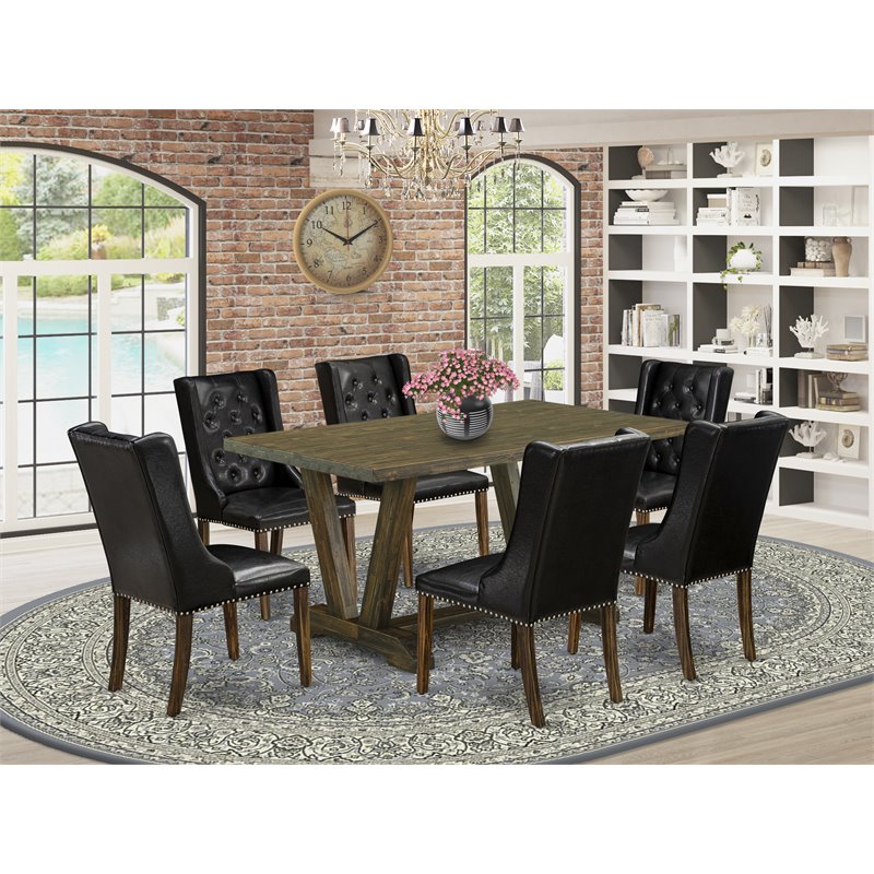 Pemberly Row 7-Piece Dining Set with Black Upholstery and Jacobean Finish
