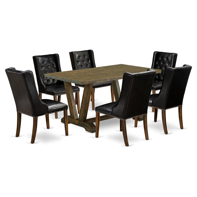 Pemberly Row 7-Piece Dining Set with Black Upholstery and Jacobean Finish