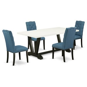 Pemberly Row 5-Piece Wood Dining Set with Black Table and Blue Upholstery