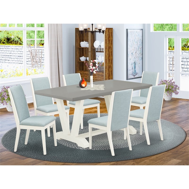 Pemberly Row 7-Piece Dining Table & Chairs Set in Baby Blue Linen White