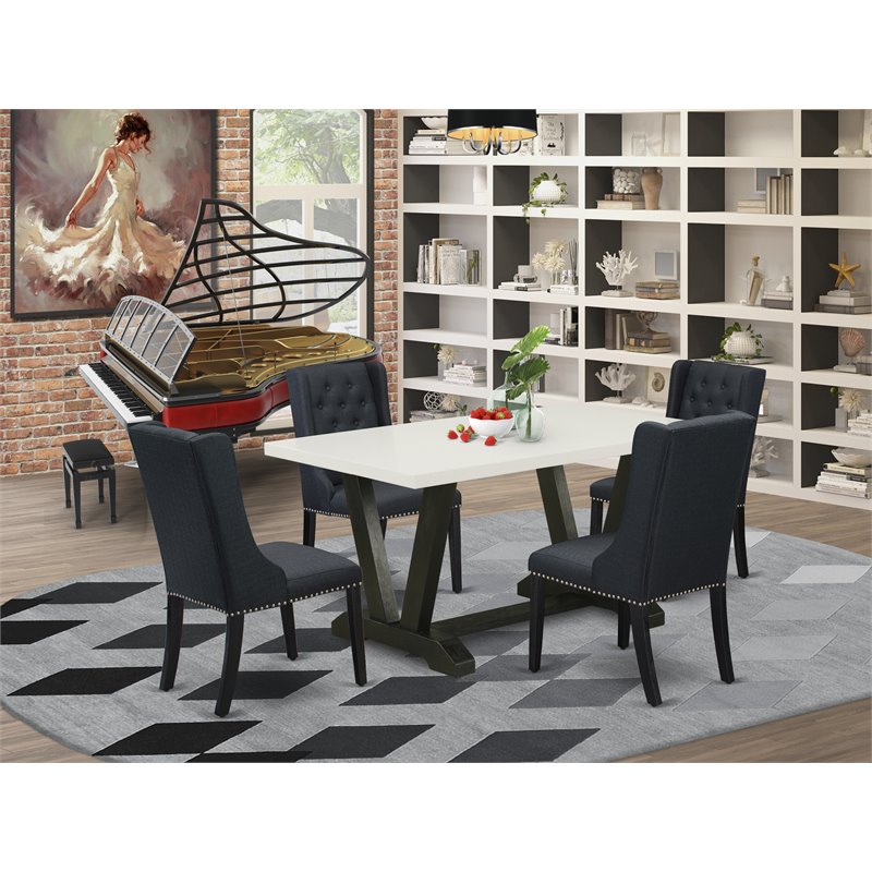 Pemberly Row 5-Piece Wood Dining Table Set in Black with Linen Upholstery