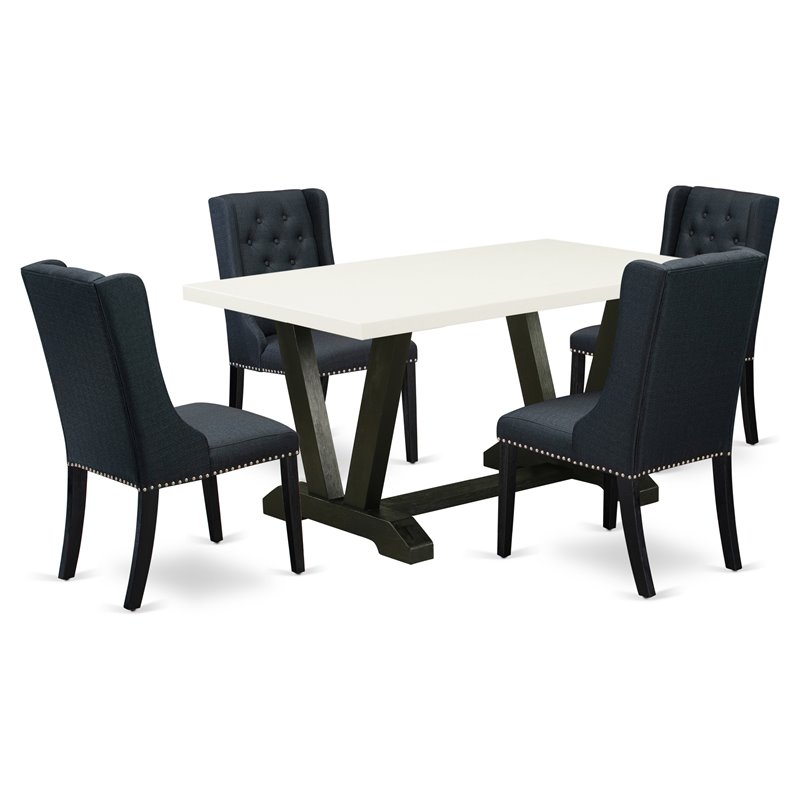 Pemberly Row 5-Piece Wood Dining Table Set in Black with Linen Upholstery