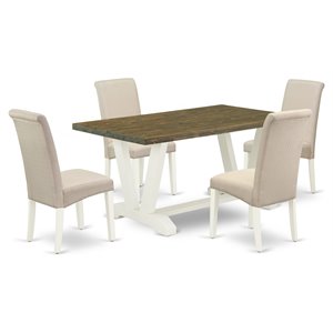 Pemberly Row 5-Piece Rubber Wood Dining Set in White with Cream Upholstery