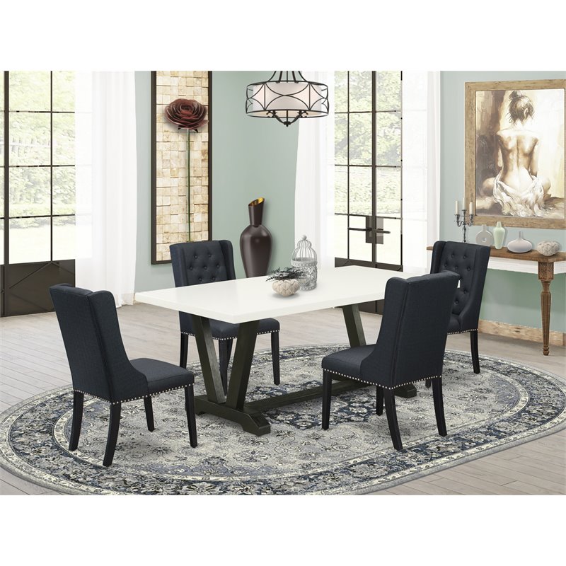Pemberly Row 5-Piece Dining Table Set in Black with Linen Fabric Chairs