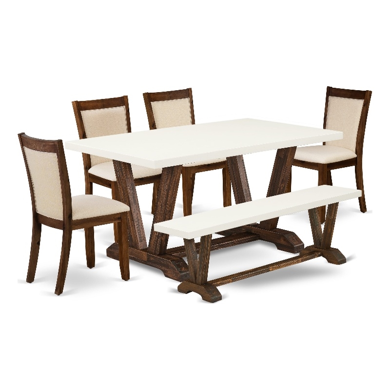 Pemberly Row 6-Piece Wood Dining Set with Bench in Jacobean & Beige