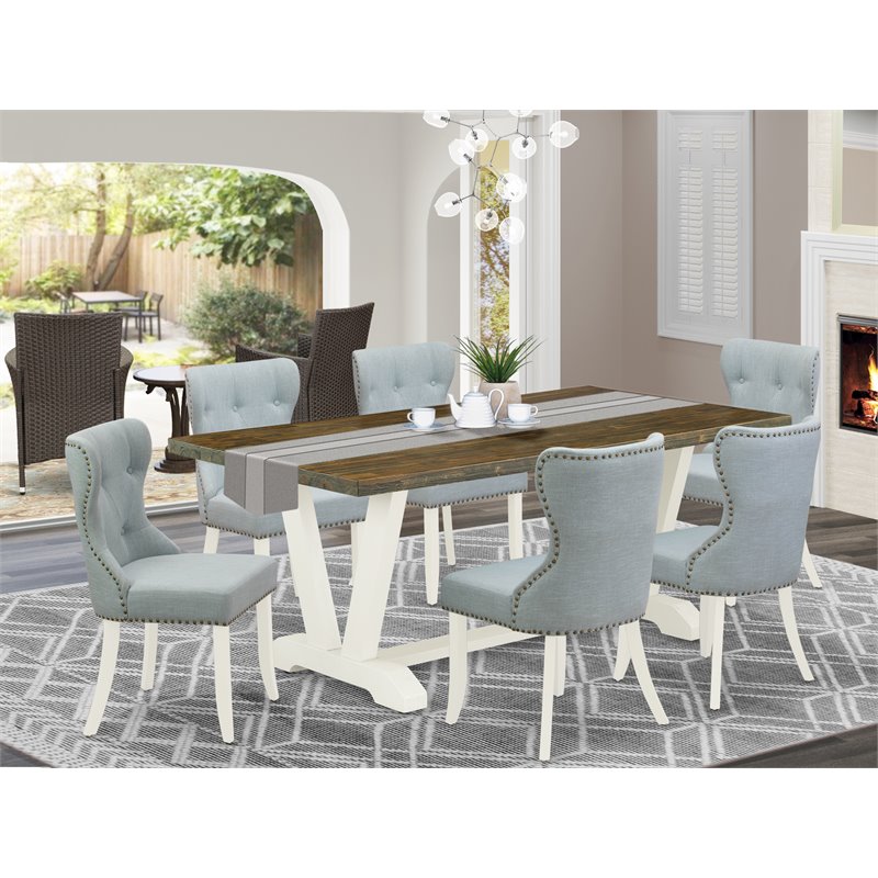 Pemberly Row 7-Piece Wood Dining Set in White & Baby Blue Linen Finish