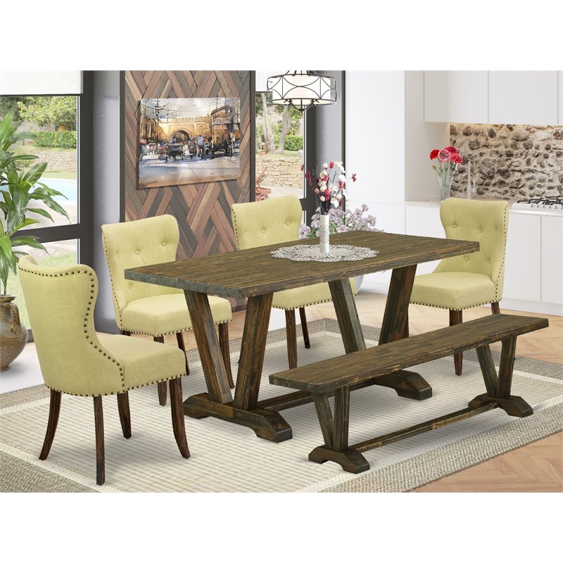 Pemberly Row 6-Piece Wood Kitchen Table Set in Jacobean Brown and Limelight