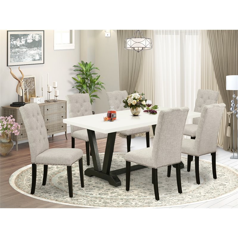 Pemberly Row 7-Piece Wood Kitchen Set with Parson Chairs in Doeskin Gray
