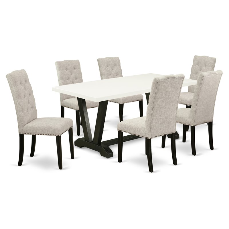 Pemberly Row 7-Piece Wood Kitchen Set with Parson Chairs in Doeskin Gray