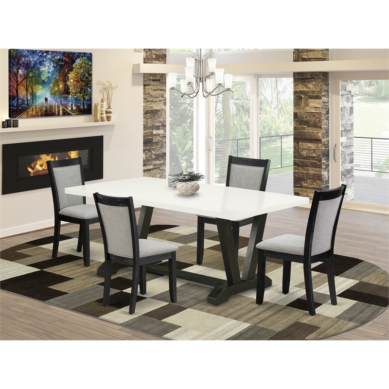 Pemberly Row 5-Piece Dining Table Set in White with Gray Upholstered Chairs