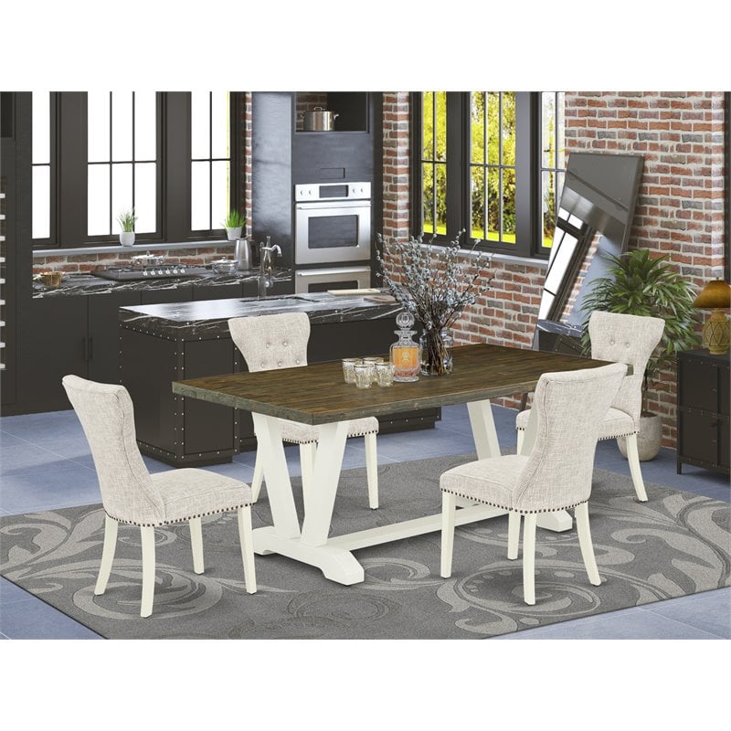 Pemberly Row 5-Piece Dining Set with Cushion Chairs in White & Doeskin