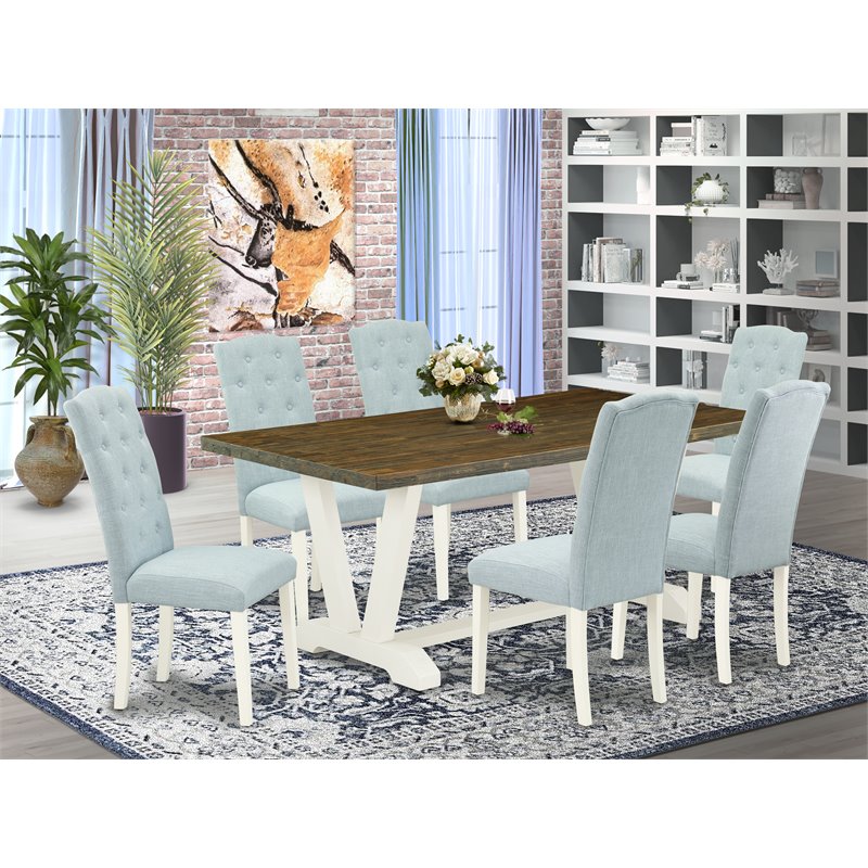 Pemberly Row 7-Piece Dining Table Set in Linen White & Baby Blue