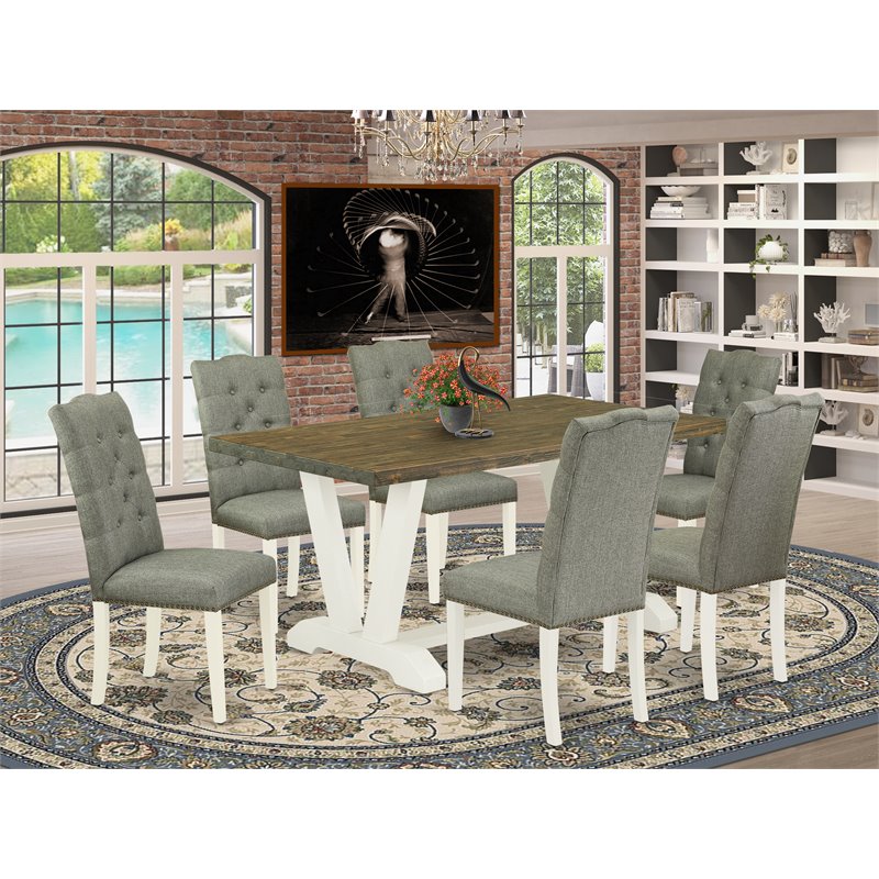 Pemberly Row 7-Piece Wood Dining Set with Linen Upholstered Chairs