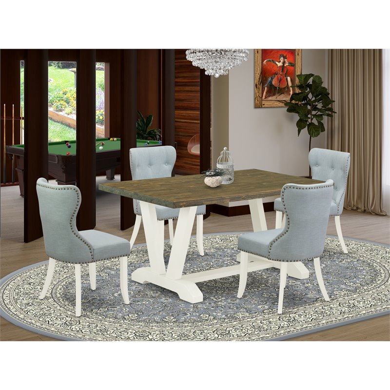 Pemberly Row 5-Piece Wood Dining Set with Parson Chairs in White/Jacobean
