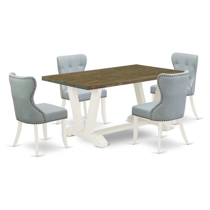 Pemberly Row 5-Piece Wood Dining Set with Parson Chairs in White/Jacobean