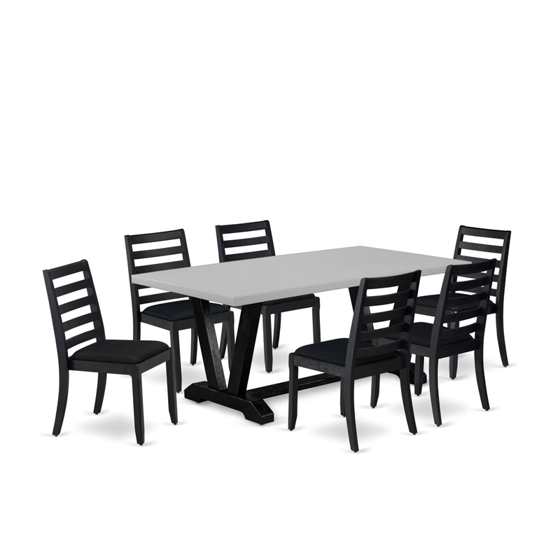 Pemberly Row 7-Piece Dining Set with Cement Finish and Black Linen Chairs