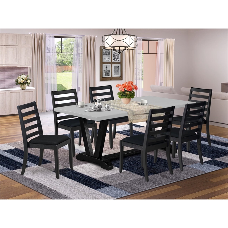 Pemberly Row 7-Piece Dining Set with Cement Finish and Black Linen Chairs