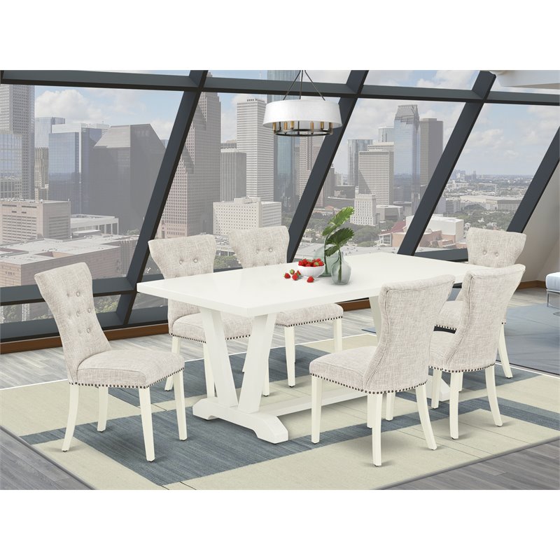 Pemberly Row 7-Piece Rubber Wood Dining Set in Linen White & Doeskin