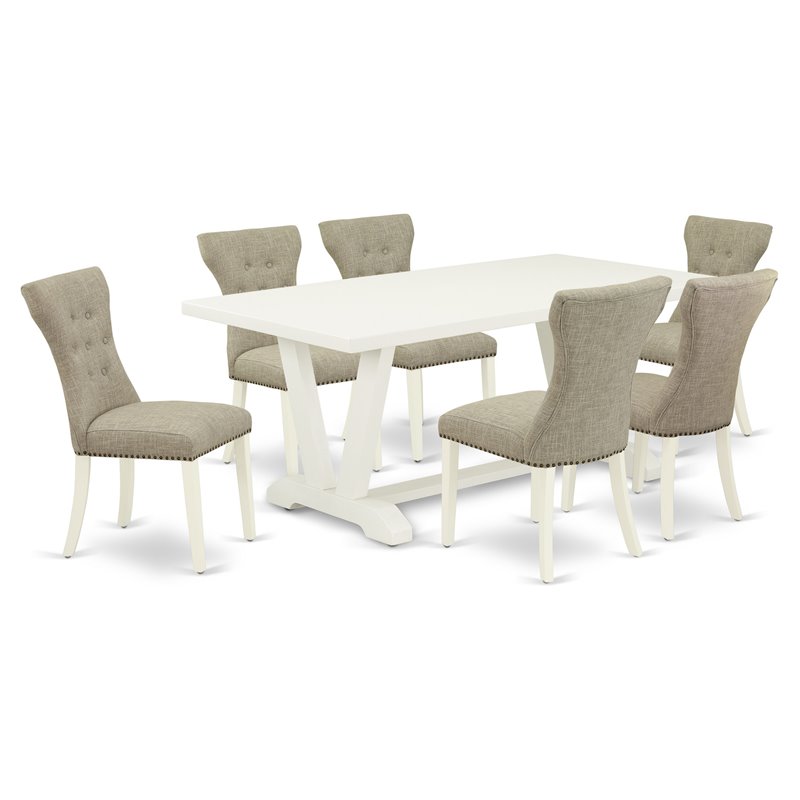 Pemberly Row 7-Piece Rubber Wood Dining Set in Linen White & Doeskin
