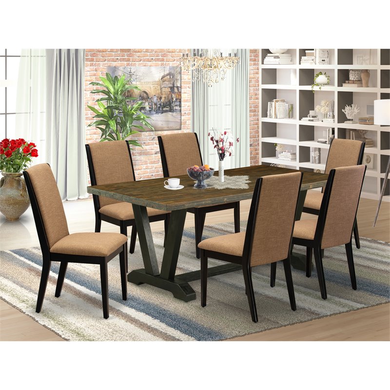 Pemberly Row 7-Piece Wood Dining Set with Linen Seats in Sable & Black