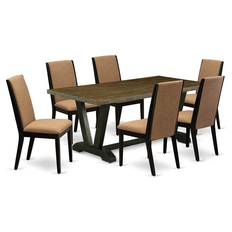 Pemberly Row 7-Piece Wood Dining Set with Linen Seats in Sable & Black