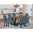 Pemberly Row 7-Piece Wood Dining Set in Wire Brushed Black & Mineral Blue