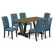 Pemberly Row 7-Piece Wood Dining Set in Wire Brushed Black & Mineral Blue