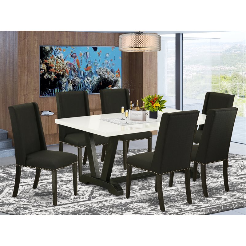 Pemberly Row 7-Piece Wooden Dining Set with Black Finish & Fabric Seats