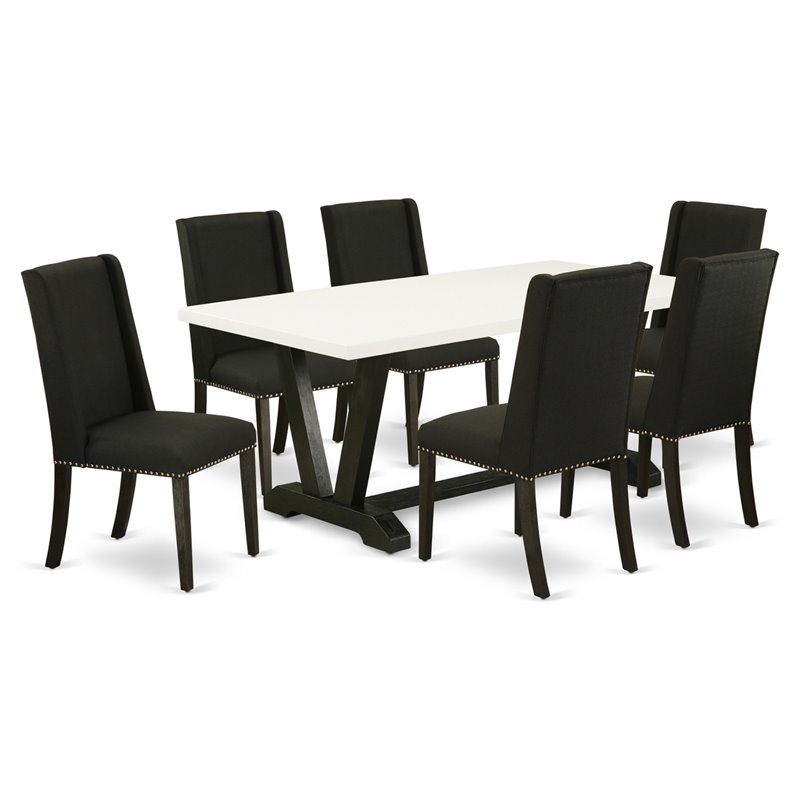 Pemberly Row 7-Piece Wooden Dining Set with Black Finish & Fabric Seats