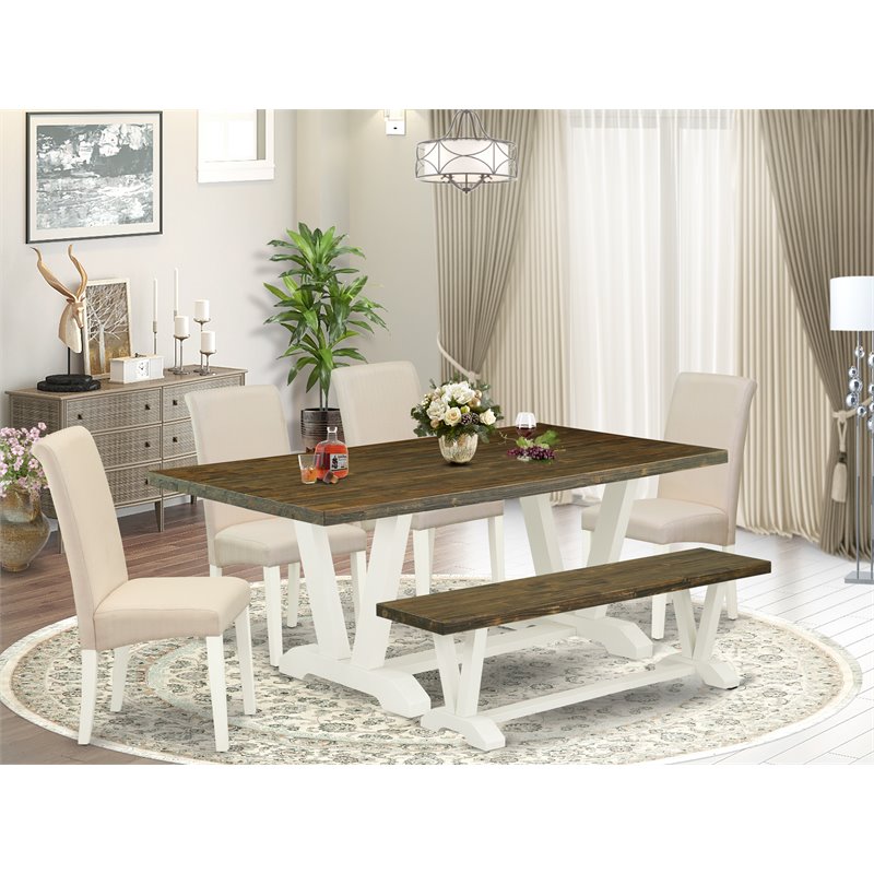 Pemberly Row 6-Piece Rubber Wood Dining Set with Bench in Cream White